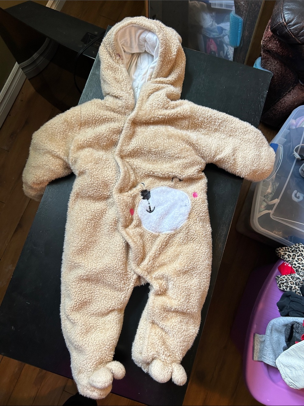 Bear-Detail Cream Sherpa Hooded Baby One-Piece